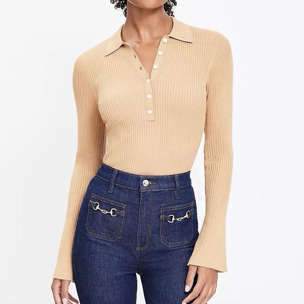 LOFT Beige Ribbed Polo Sweater
